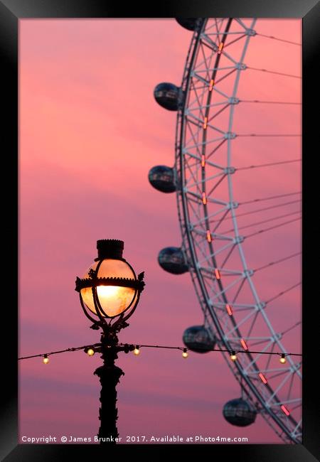 London Eye and Old Fashioned Street Lamp at Sunset Framed Print by James Brunker
