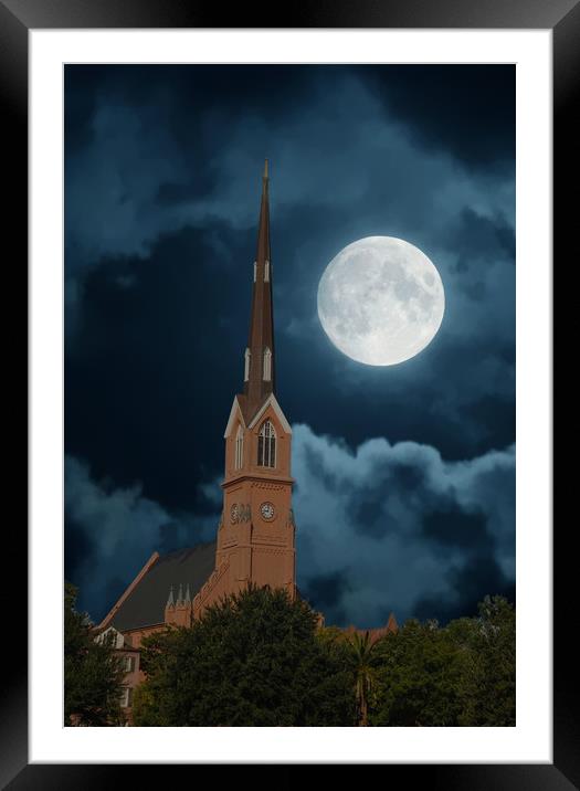 Red Stucco Steeple Rising in Moonlit Night Framed Mounted Print by Darryl Brooks