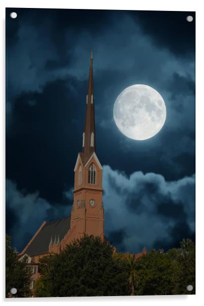 Red Stucco Steeple Rising in Moonlit Night Acrylic by Darryl Brooks