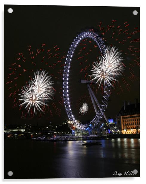 Fire works and the London Eye Acrylic by Doug McRae