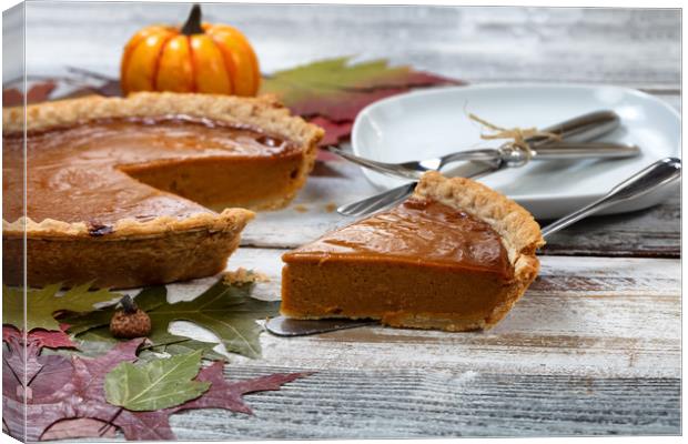Homemade pumpkin pie for the special Autumn holida Canvas Print by Thomas Baker