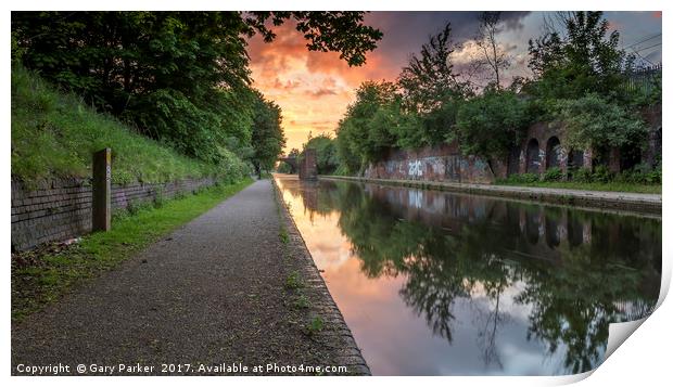 Dramatic sunset over a calm Birmingham Canal Print by Gary Parker