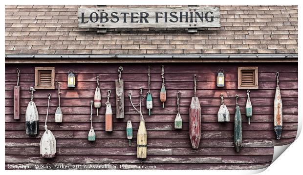 Floats on the outside wall of lobster fishing hut Print by Gary Parker