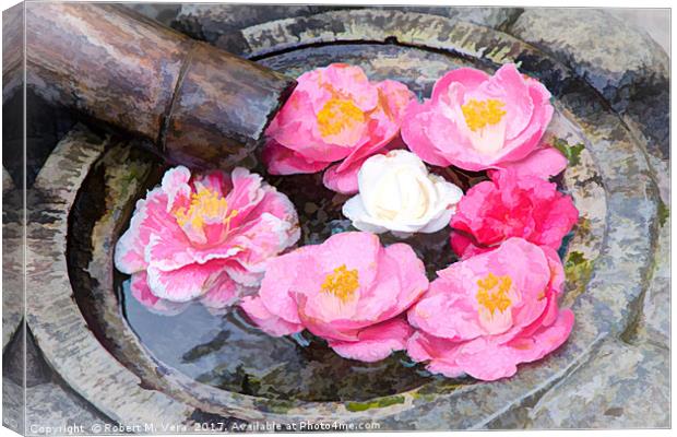 Camellia flowers in Japanese fountain Canvas Print by Robert M. Vera