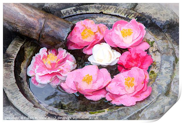 Camellia flowers in Japanese fountain Print by Robert M. Vera