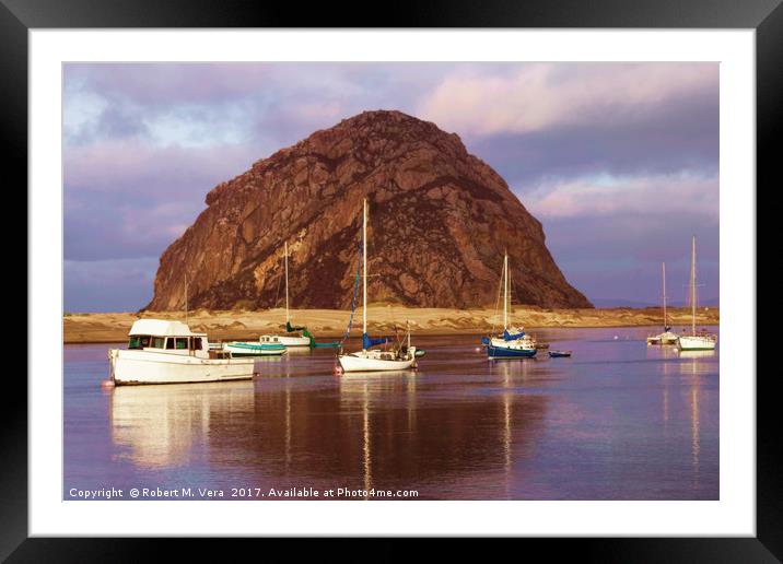 Morro Rock with boats in foreground Framed Mounted Print by Robert M. Vera