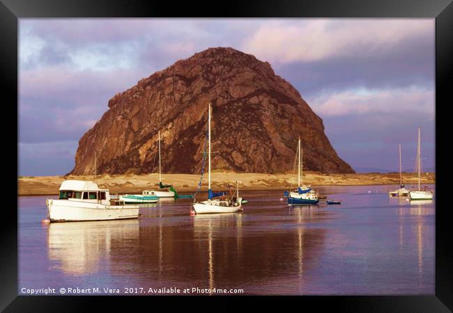 Morro Rock with boats in foreground Framed Print by Robert M. Vera