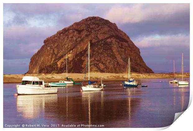 Morro Rock with boats in foreground Print by Robert M. Vera