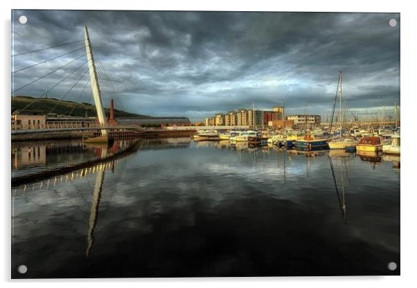 Swansea marina and Sail Bridge Acrylic by Leighton Collins