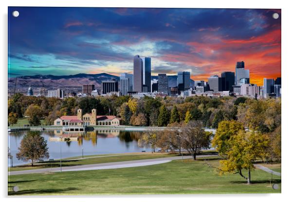 Denver Skyline and Mountains Beyond Lake Acrylic by Darryl Brooks