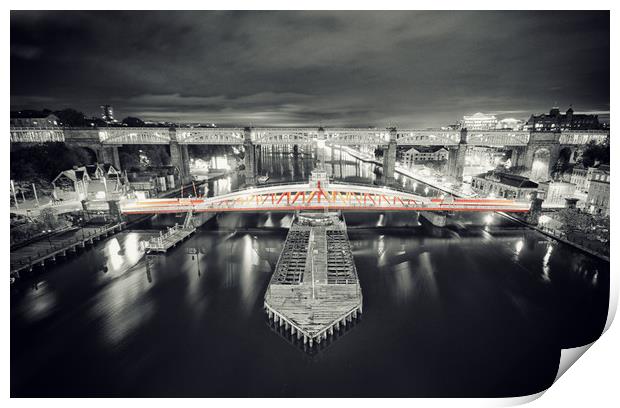 Swing Bridge, red at night. Print by Toon Photography