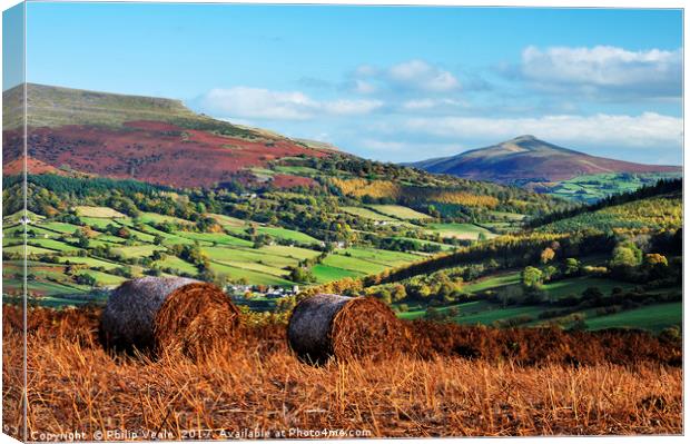 Sugar Loaf and Pen Cerrig Calch in Autumn. Canvas Print by Philip Veale