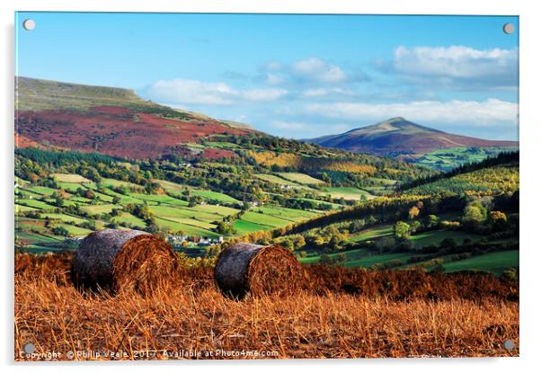 Sugar Loaf and Pen Cerrig Calch in Autumn. Acrylic by Philip Veale