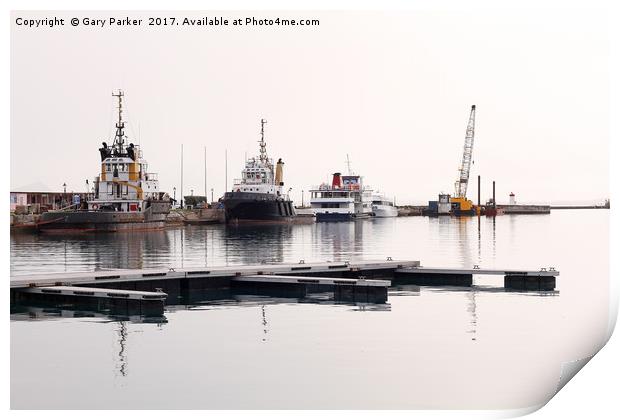 pilot boats against a harbor wall  Print by Gary Parker