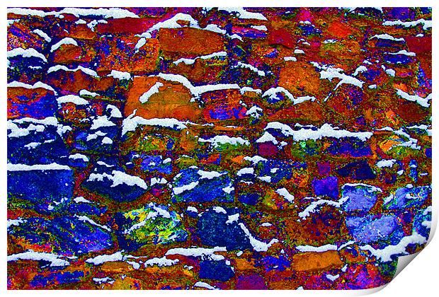 Brick wall multi coloured snow winter Print by Linda More