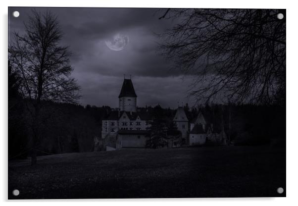 Old austrian castle in mystery moonlight. Acrylic by Sergey Fedoskin