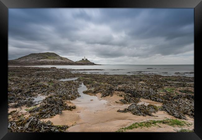 Mumbles lighthouse with the tide going out. Framed Print by Bryn Morgan