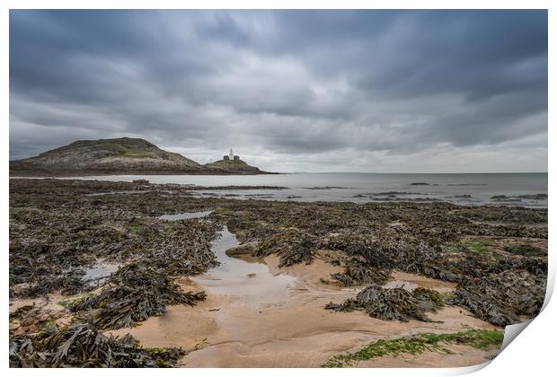 Mumbles lighthouse with the tide going out. Print by Bryn Morgan