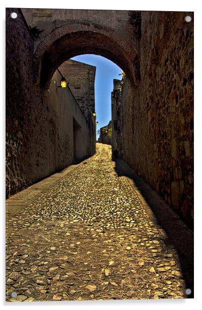 Old arch over narrow street in Caceres Acrylic by Gabor Pozsgai