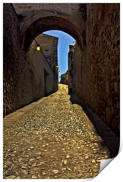 Old arch over narrow street in Caceres Print by Gabor Pozsgai