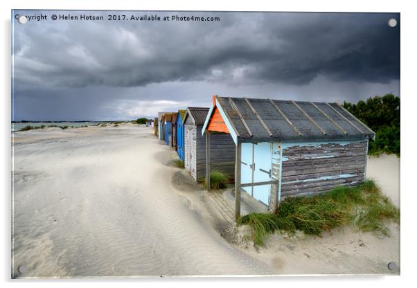 Beach Huts Under A Stormy Sky Acrylic by Helen Hotson