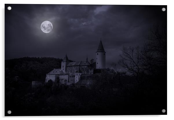 Castle Krivoklat at night.  Acrylic by Sergey Fedoskin