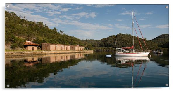 Sydney, Moored boat, Bantry Bay. Acrylic by Geoff Childs