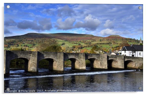 Crickhowell Bridge and Table Mountain in Autumn. Acrylic by Philip Veale