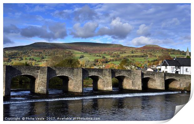 Crickhowell Bridge and Table Mountain in Autumn. Print by Philip Veale