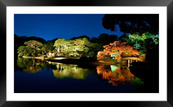 Rikugien Japanese Garden at Night Framed Mounted Print by Justin Bowdidge
