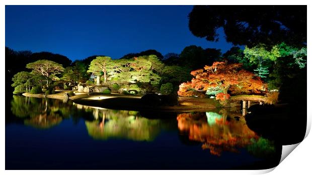Rikugien Japanese Garden at Night Print by Justin Bowdidge