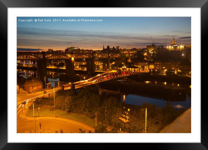 Illuminated Bridges over Tyne Framed Mounted Print by Rob Cole