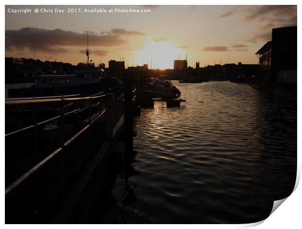 Sunset over Sutton Harbour Plymouth Print by Chris Day