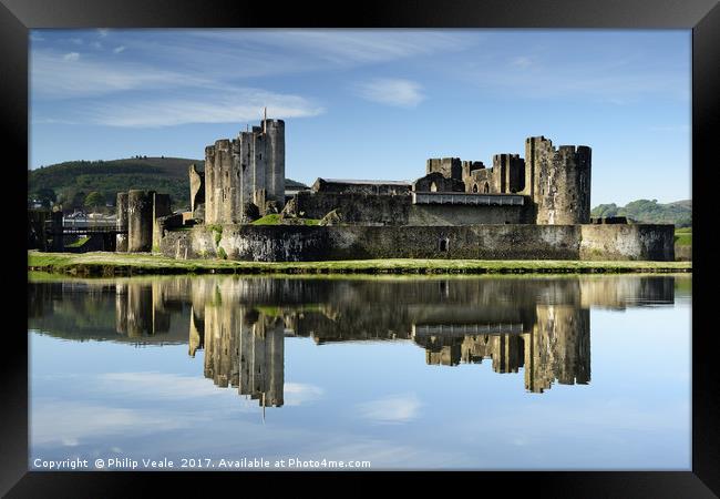 Caerphilly Castle Reflection at Dawn. Framed Print by Philip Veale