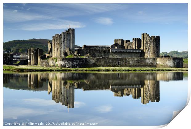 Caerphilly Castle Reflection at Dawn. Print by Philip Veale