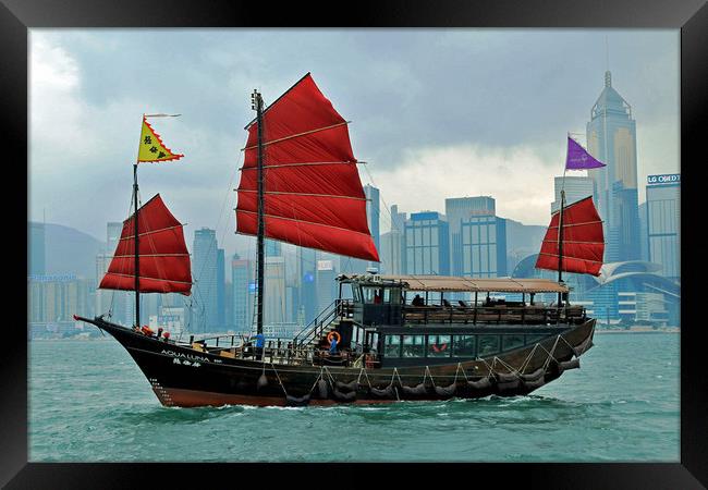 Hong Kong Harbour, Junk Boat Framed Print by Janet Mann