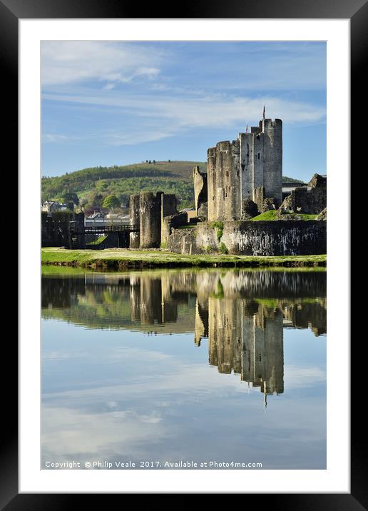 Caerphilly Castle's Mirror in the Moat Framed Mounted Print by Philip Veale