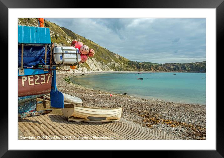 Lulworth Cove and boats on the Dorset coast Framed Mounted Print by Nick Jenkins