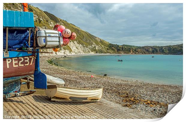 Lulworth Cove and boats on the Dorset coast Print by Nick Jenkins