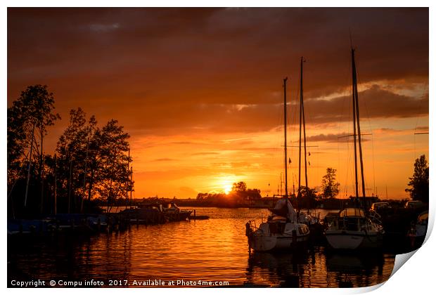sunset in the harbor of de veenhoop in holland Print by Chris Willemsen