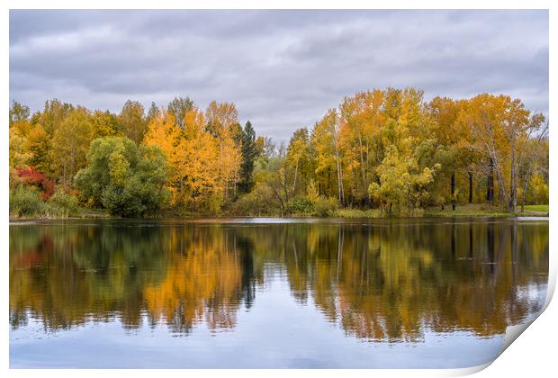 The lake, reflecting the cloudy sky and autumnal f Print by Dobrydnev Sergei
