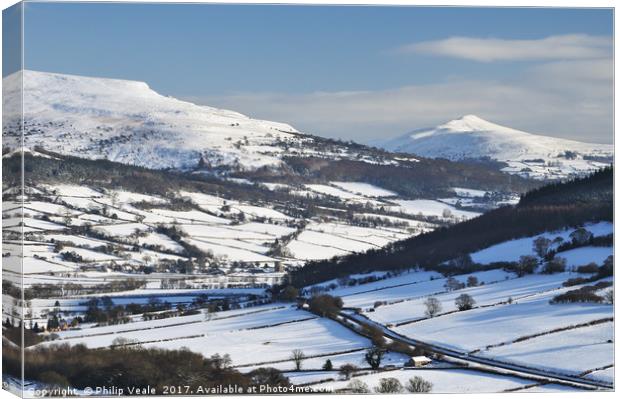 Sugar Loaf and Pen Cerrig Calch in Winter. Canvas Print by Philip Veale