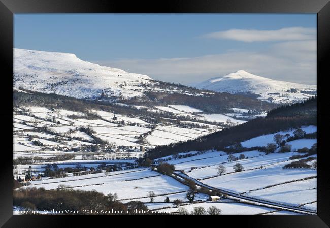 Sugar Loaf and Pen Cerrig Calch in Winter. Framed Print by Philip Veale