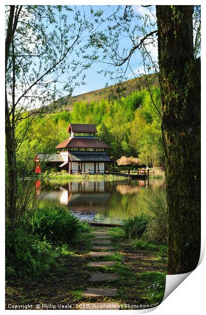 Pagoda at the Festival Park Lake in Ebbw Vale. Print by Philip Veale