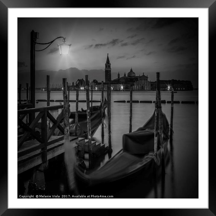 VENICE Gondolas during sunrise in black and white Framed Mounted Print by Melanie Viola