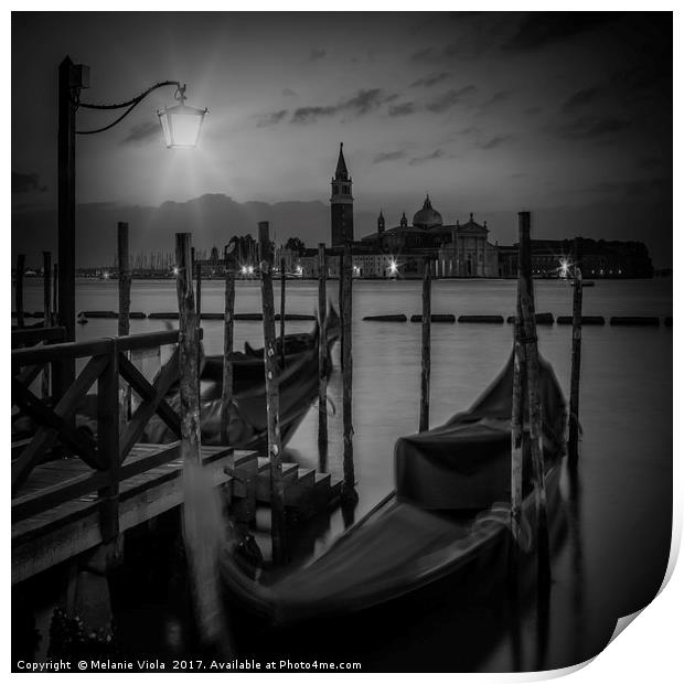 VENICE Gondolas during sunrise in black and white Print by Melanie Viola