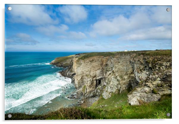 Hole beach cliff -Tintgel Cornwall  Acrylic by Eddie John