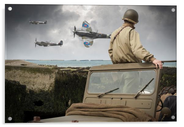 American GI on Normandy beach watches Spitfires Acrylic by George Cairns