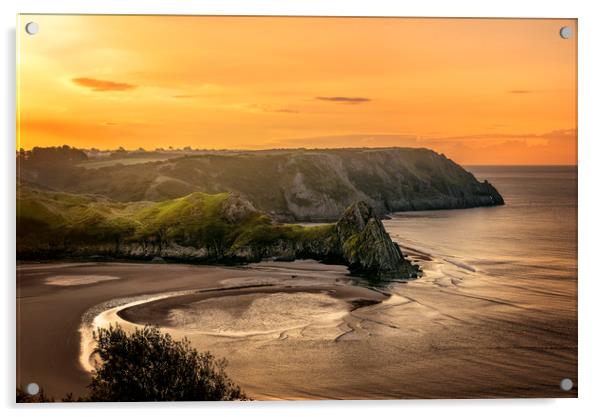 Golden Sunrise at Three Cliffs Bay Acrylic by Karl McCarthy