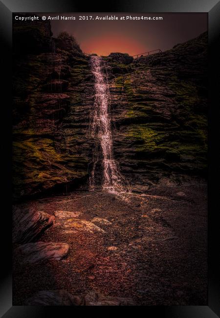 Tintagel beach waterfall Framed Print by Avril Harris